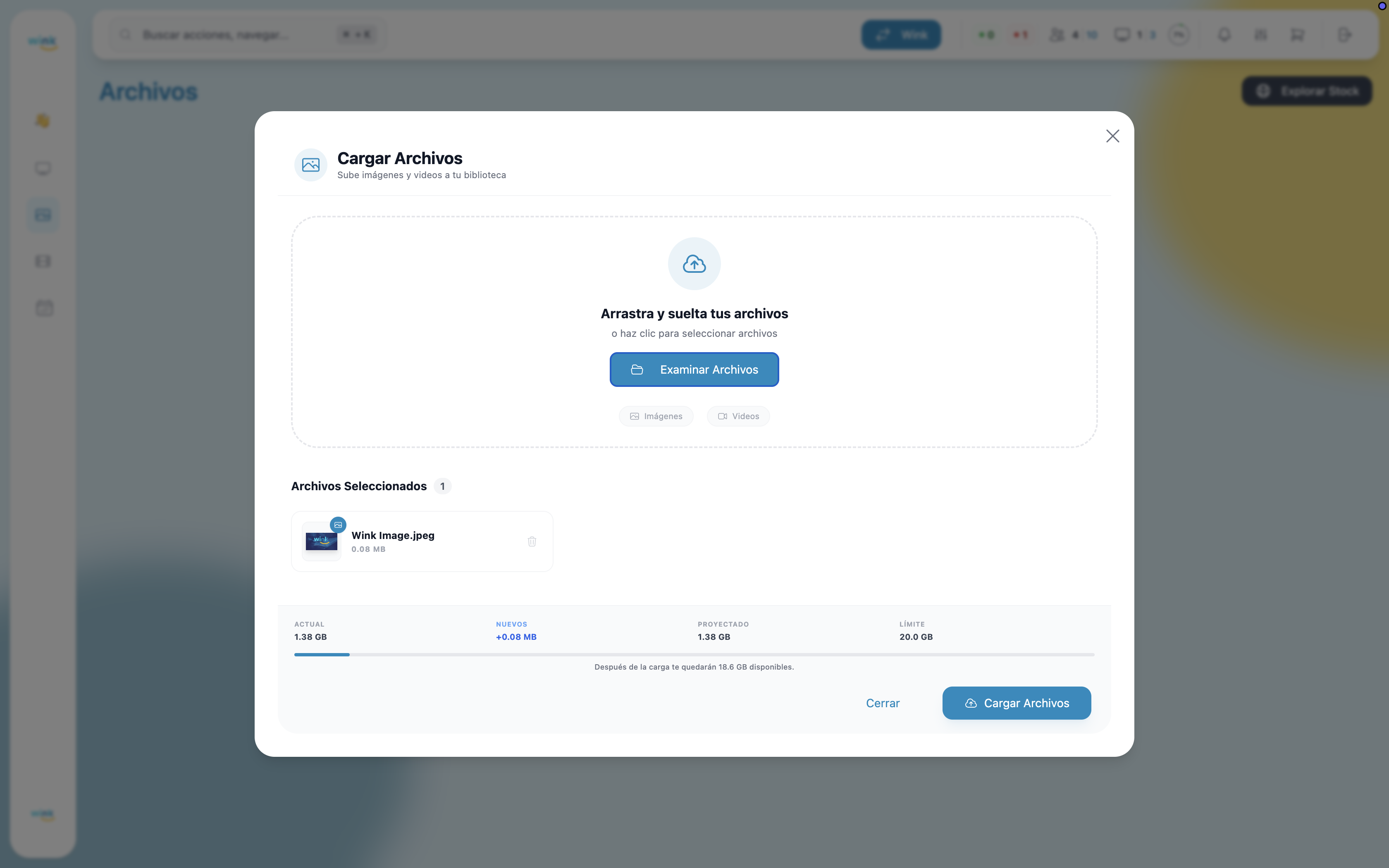Upload modal — files selected with storage indicator