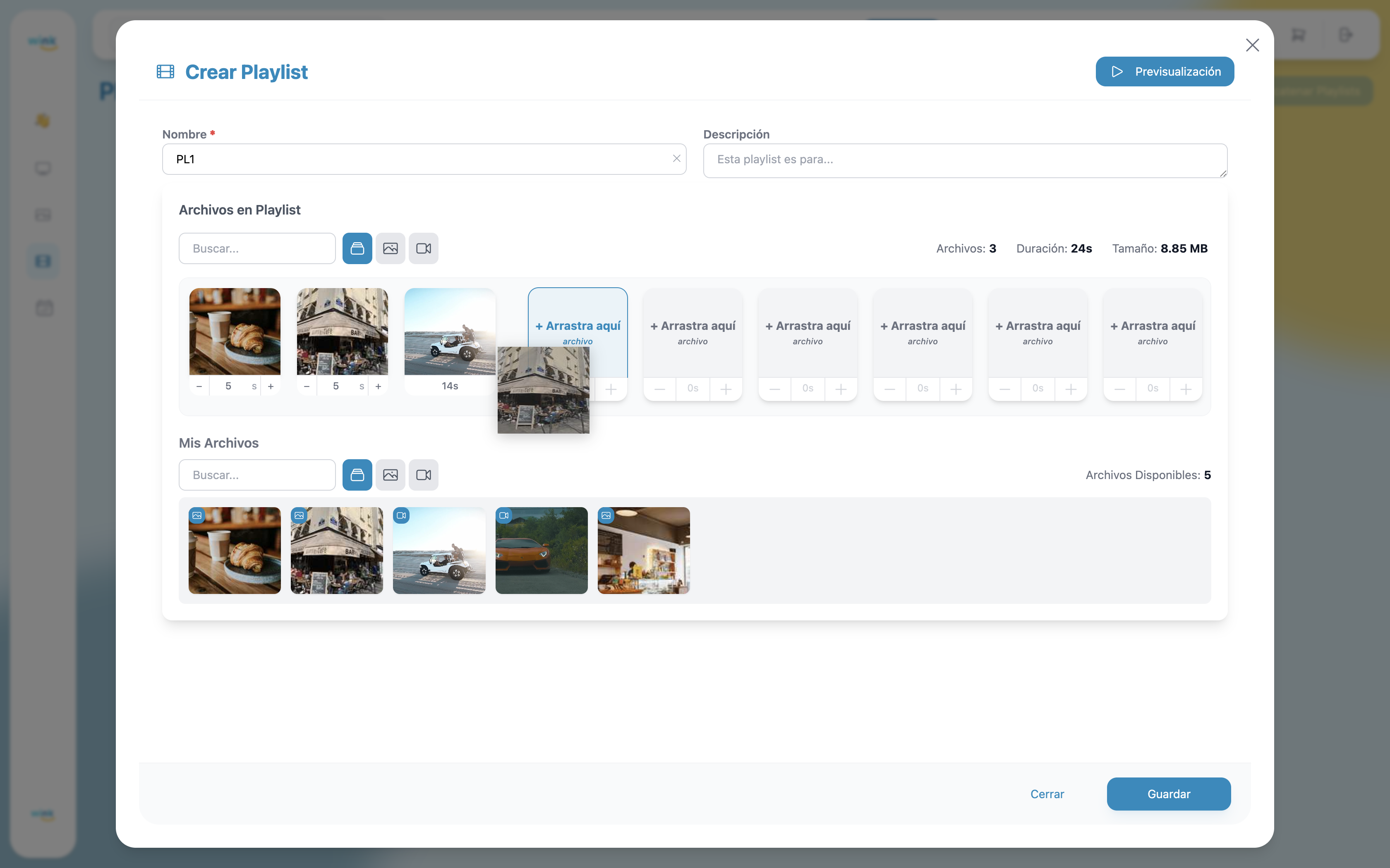 Playlist editor — files added with duration controls