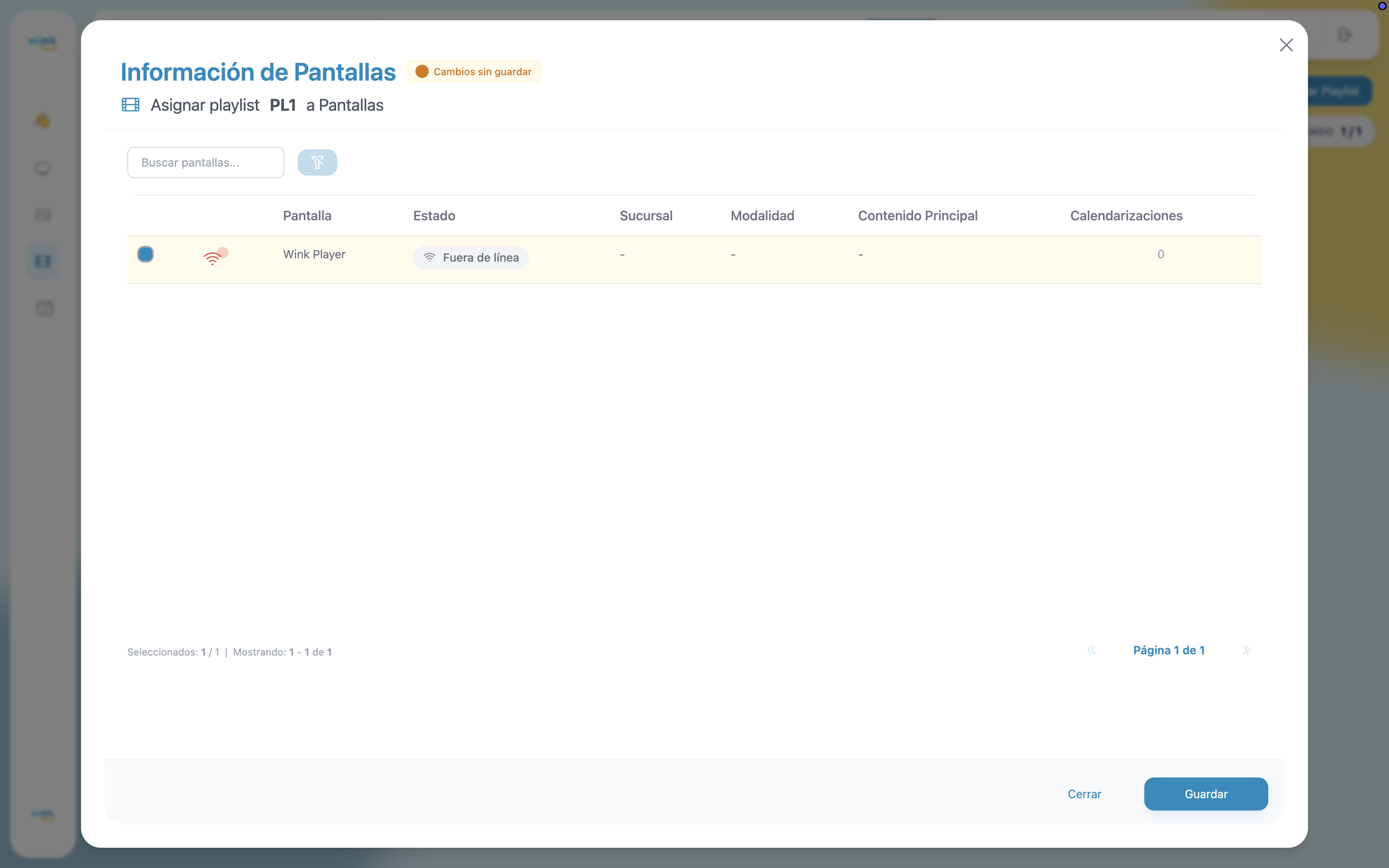 Assign Screens modal — player selected